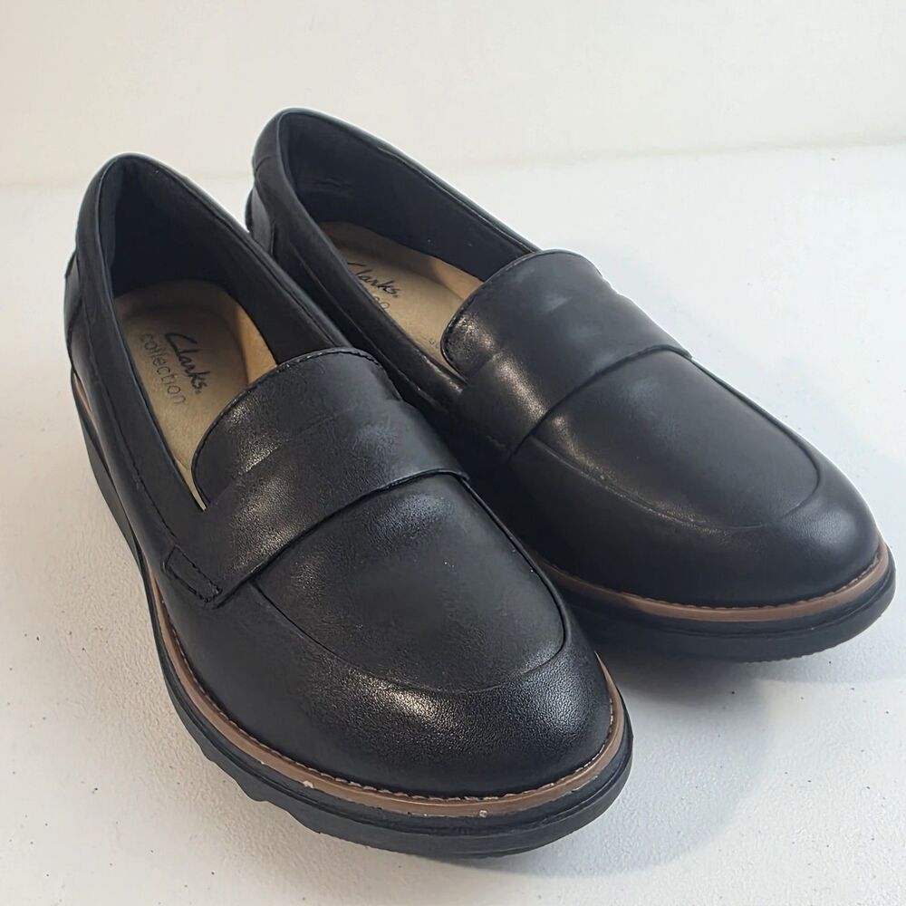 Clarkes Collection Sharon Gracie Black Wedge Slip On Loafers Womens Sz 7.5W New
